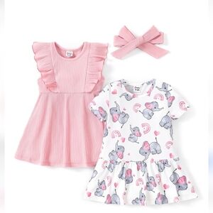 NEW ✨️Baby Girls Pink Ribbed Dress & Elephant Print Dress Set Adorable
